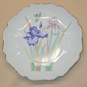 Tri Japan Iris Floral Porcelain Plate Scalloped Gold Trim Butterfly 8.5"